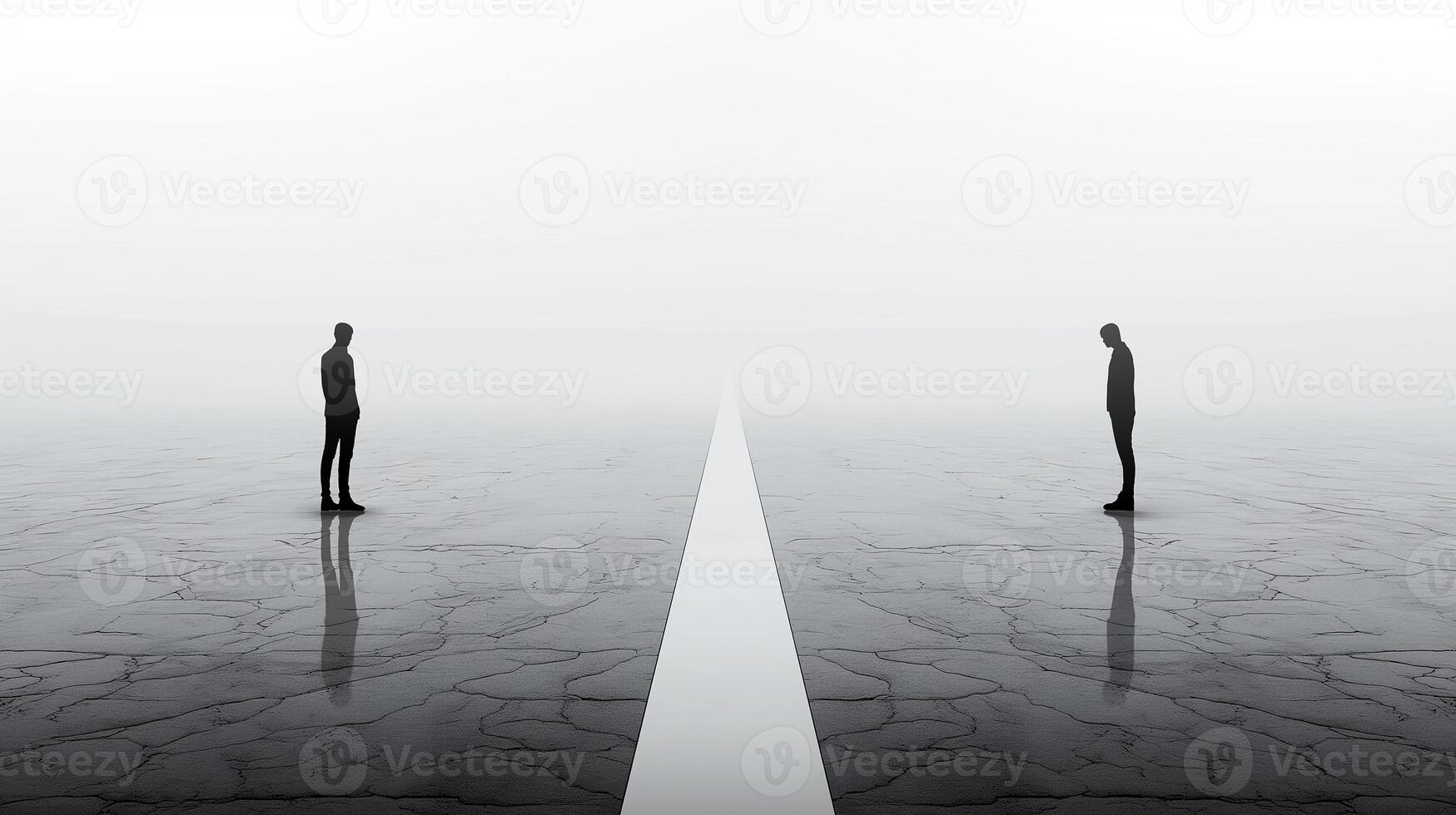 This Two silhouetted figures face away from each other, separated by a stark line in a foggy setting. photo