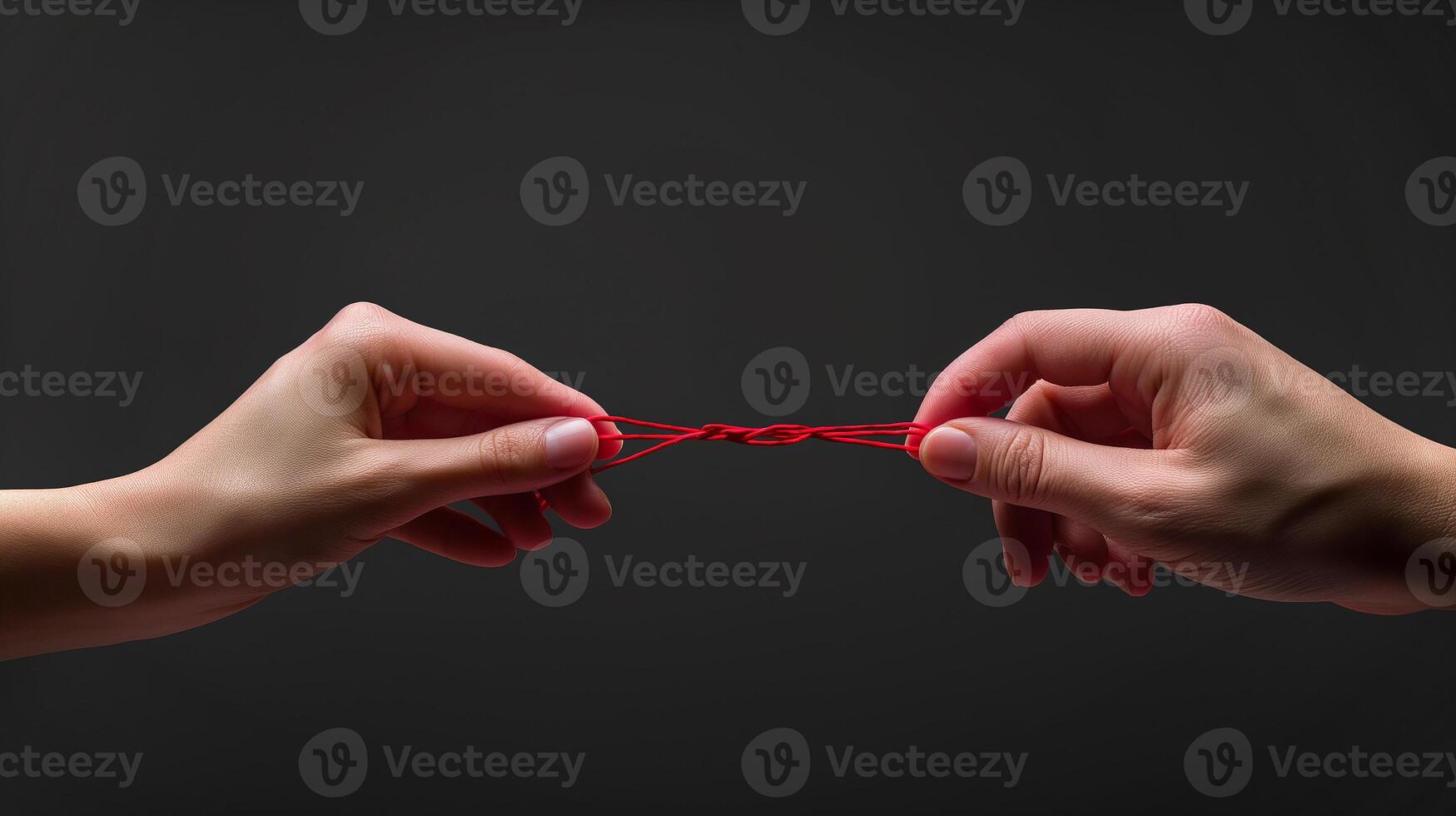 This Two hands tug an intertwined red string, symbolizing conflict and potential reconciliation. photo