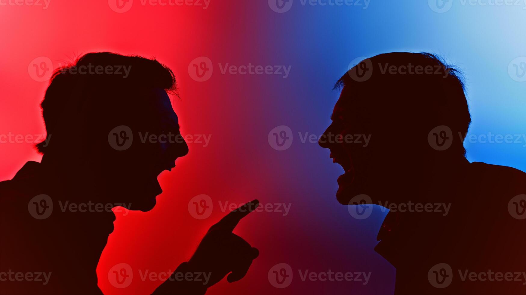 This Two people argue,their silhouettes highlighted by vibrant red and blue backgrounds. photo