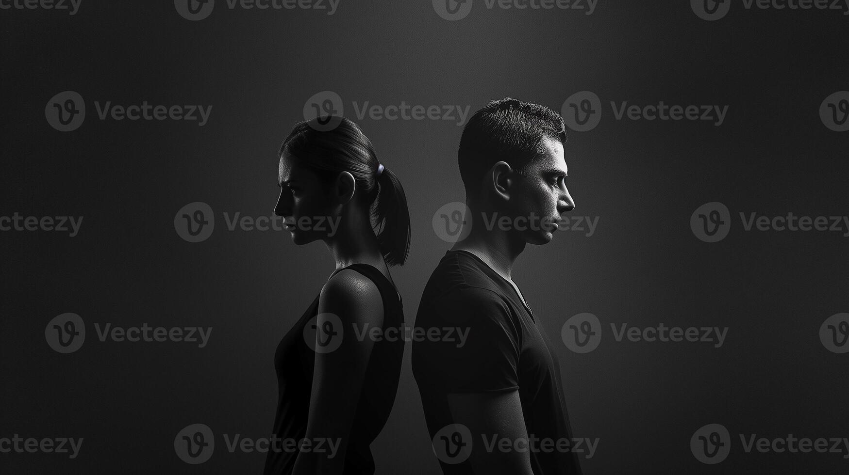 This Two individuals stand back to back in a dark setting, conveying disagreement and unresolved tension. photo