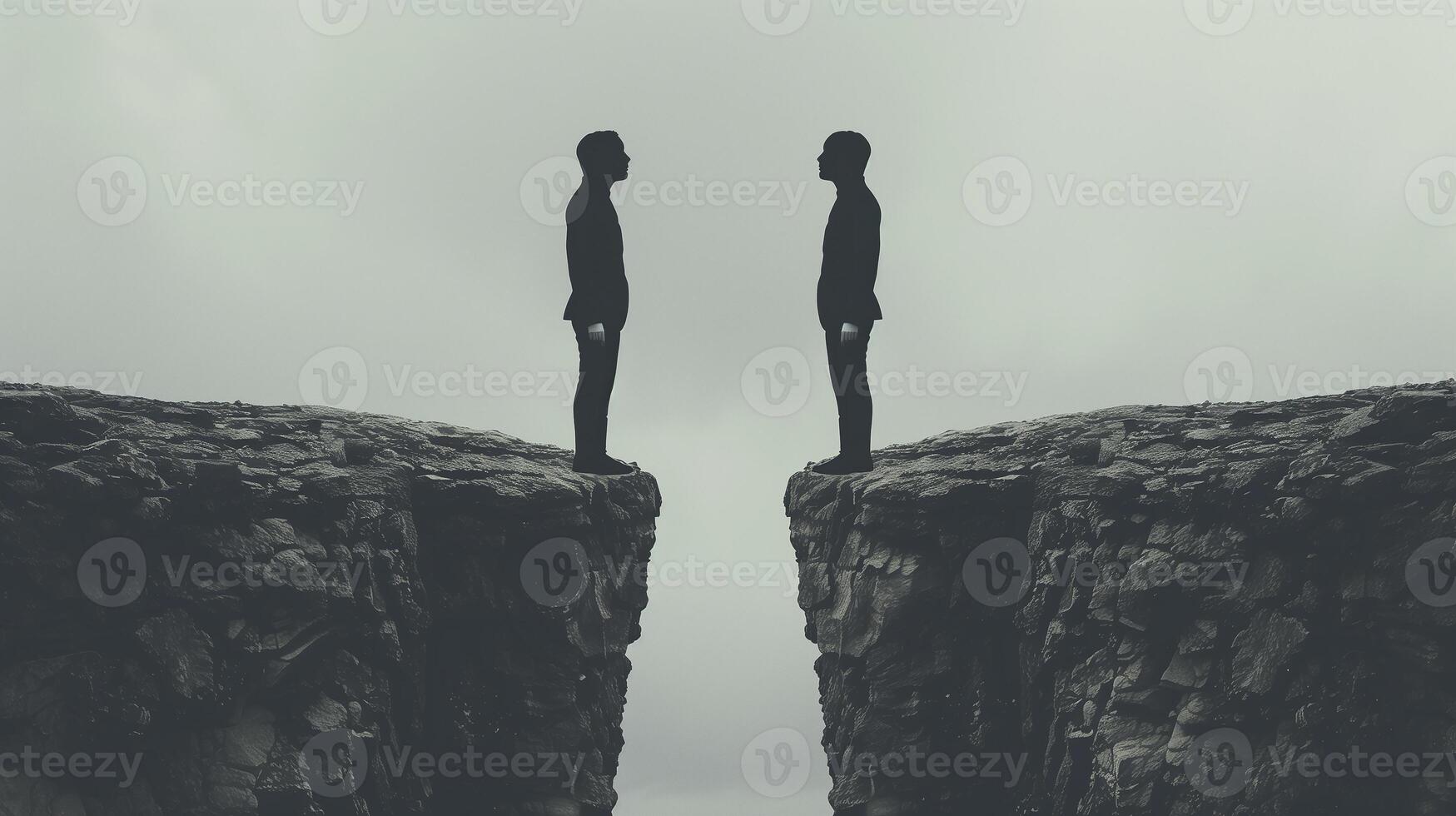 This Two figures on cliffs face each other, symbolizing tension against a cloudy backdrop. photo