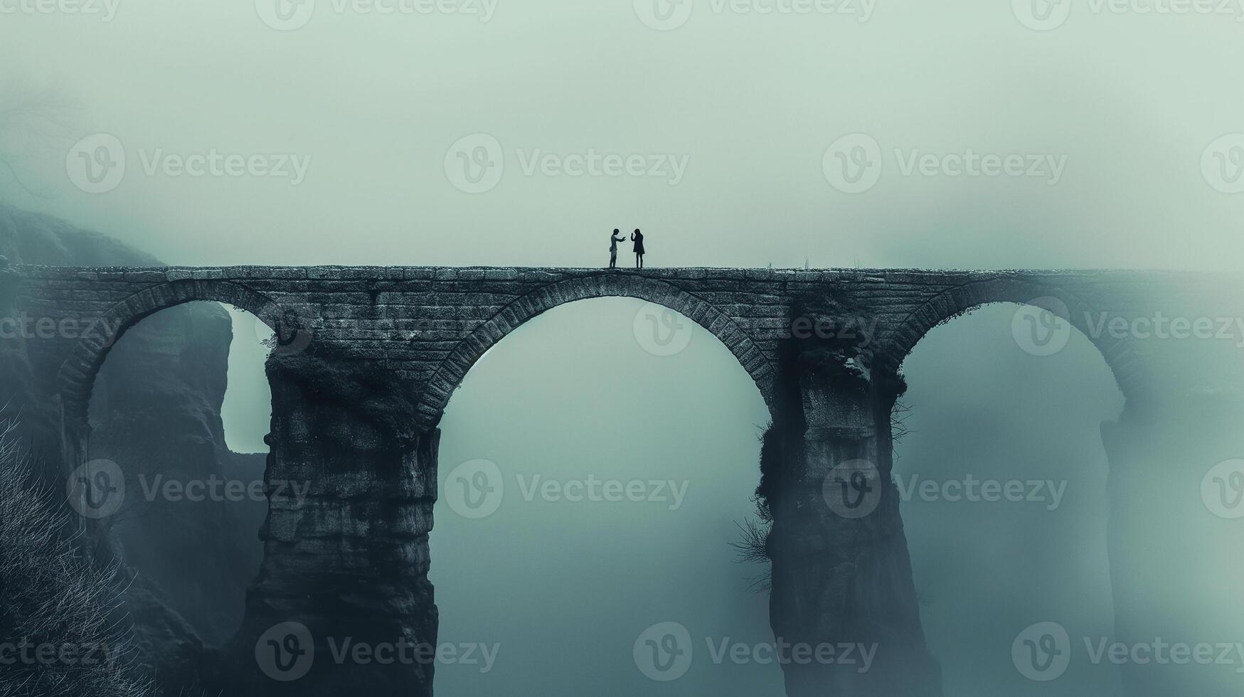This Two figures on a foggy stone bridge embody tension and potential reconciliation. photo