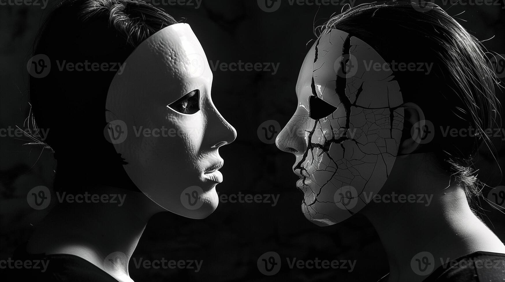 This Two figures face each other, wearing contrasting masks that embody conflict and disagreement. photo