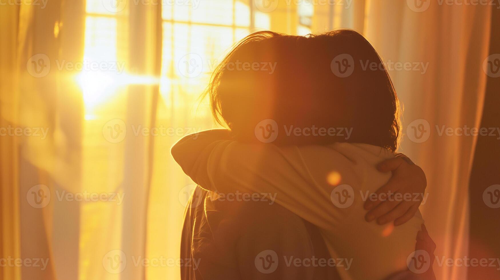 This Two people embrace warmly in sunlight, symbolizing reconciliation after tension. photo