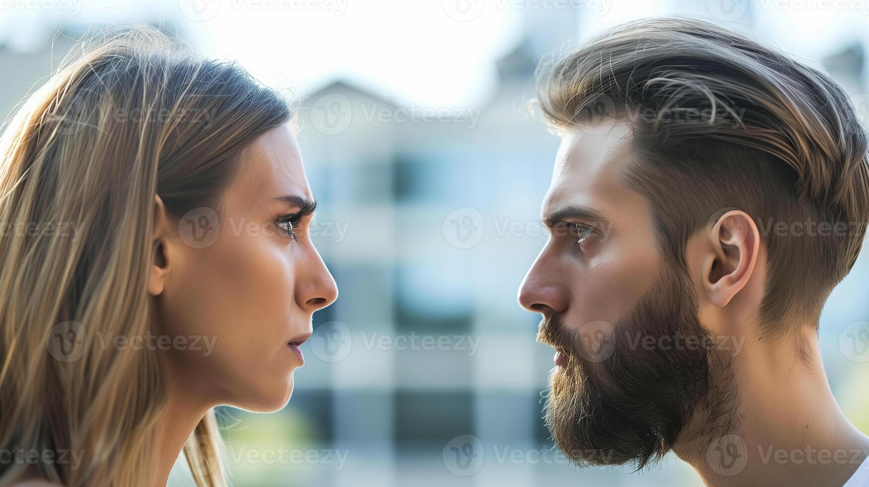 This Two people confront each other, displaying intense emotions of conflict and potential peace. photo