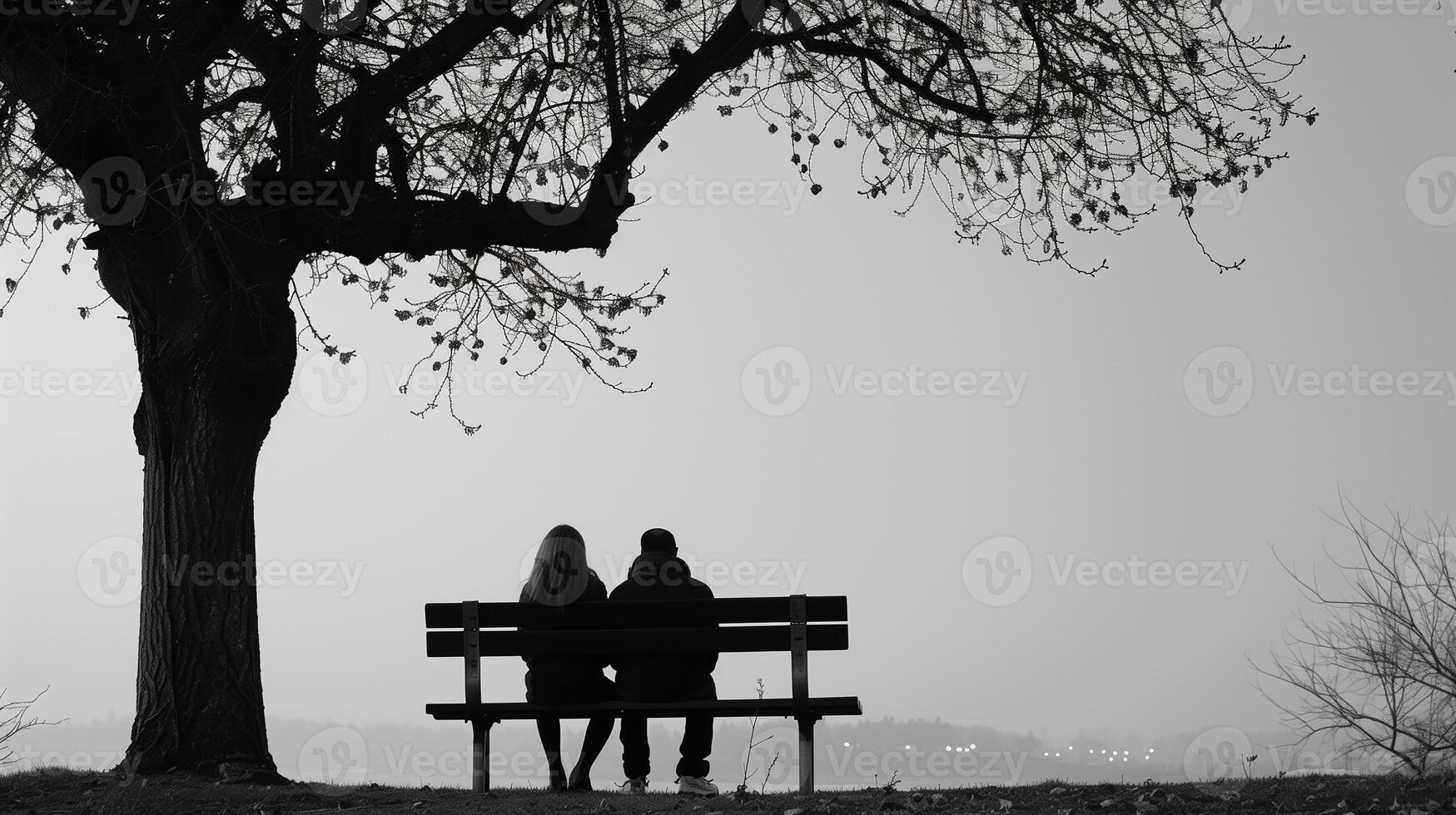 This Two people sit on a bench, under a tree, reflecting on their relationship's tensions. photo