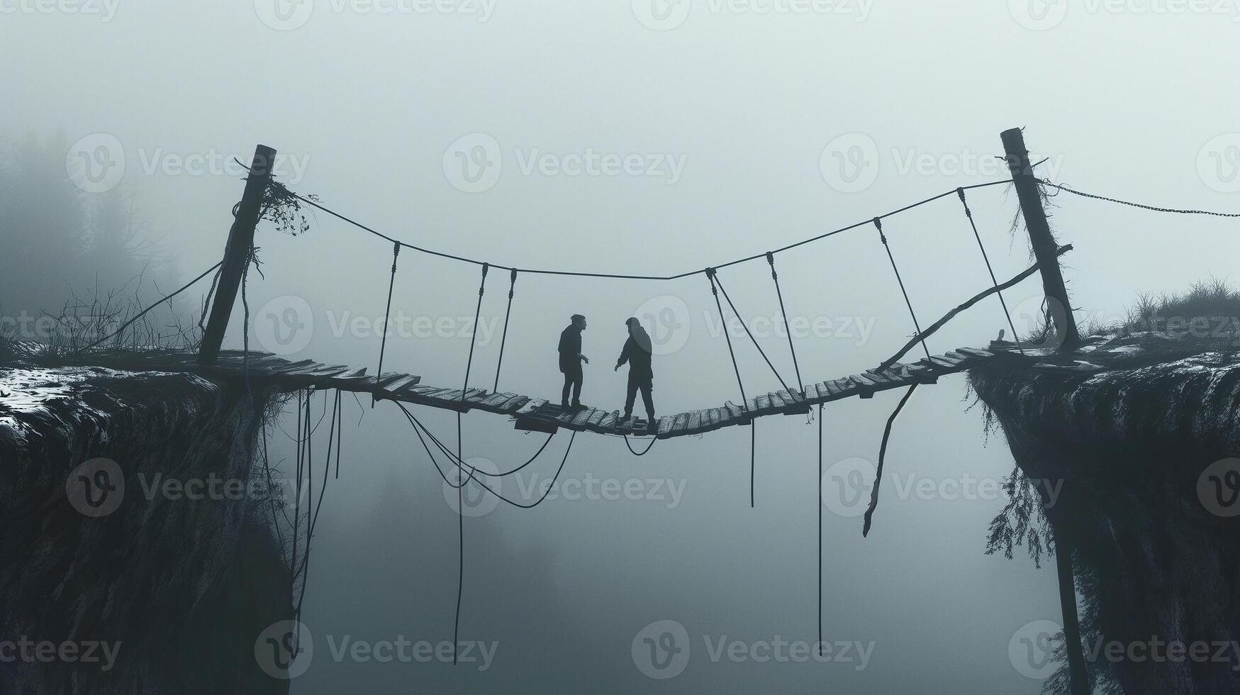 This Two figures stand on a fragile bridge shrouded in fog, symbolizing tension and misunderstanding. photo