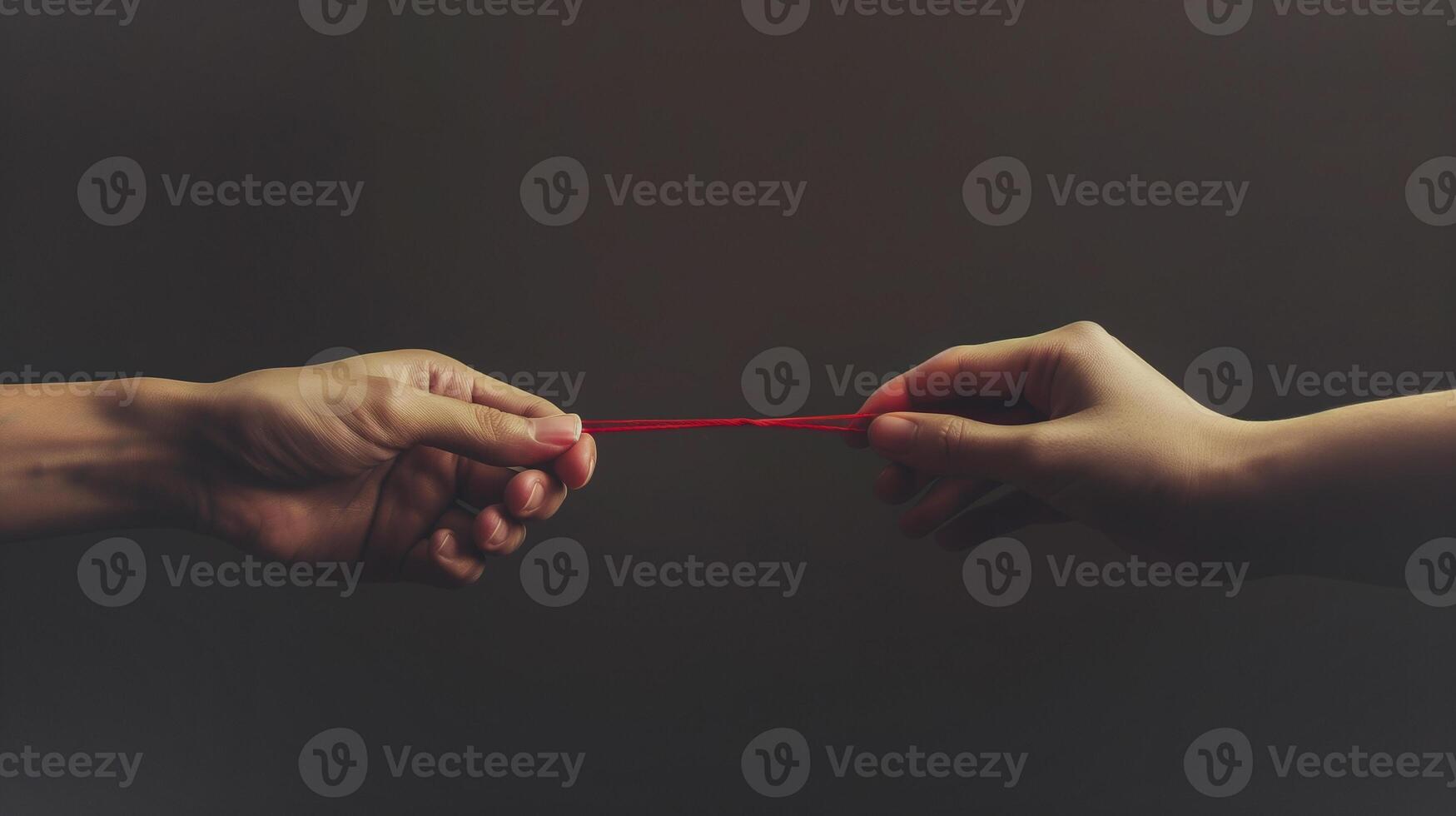 This Two hands clutch a red string, depicting tension, conflict, and the possibility of understanding. photo