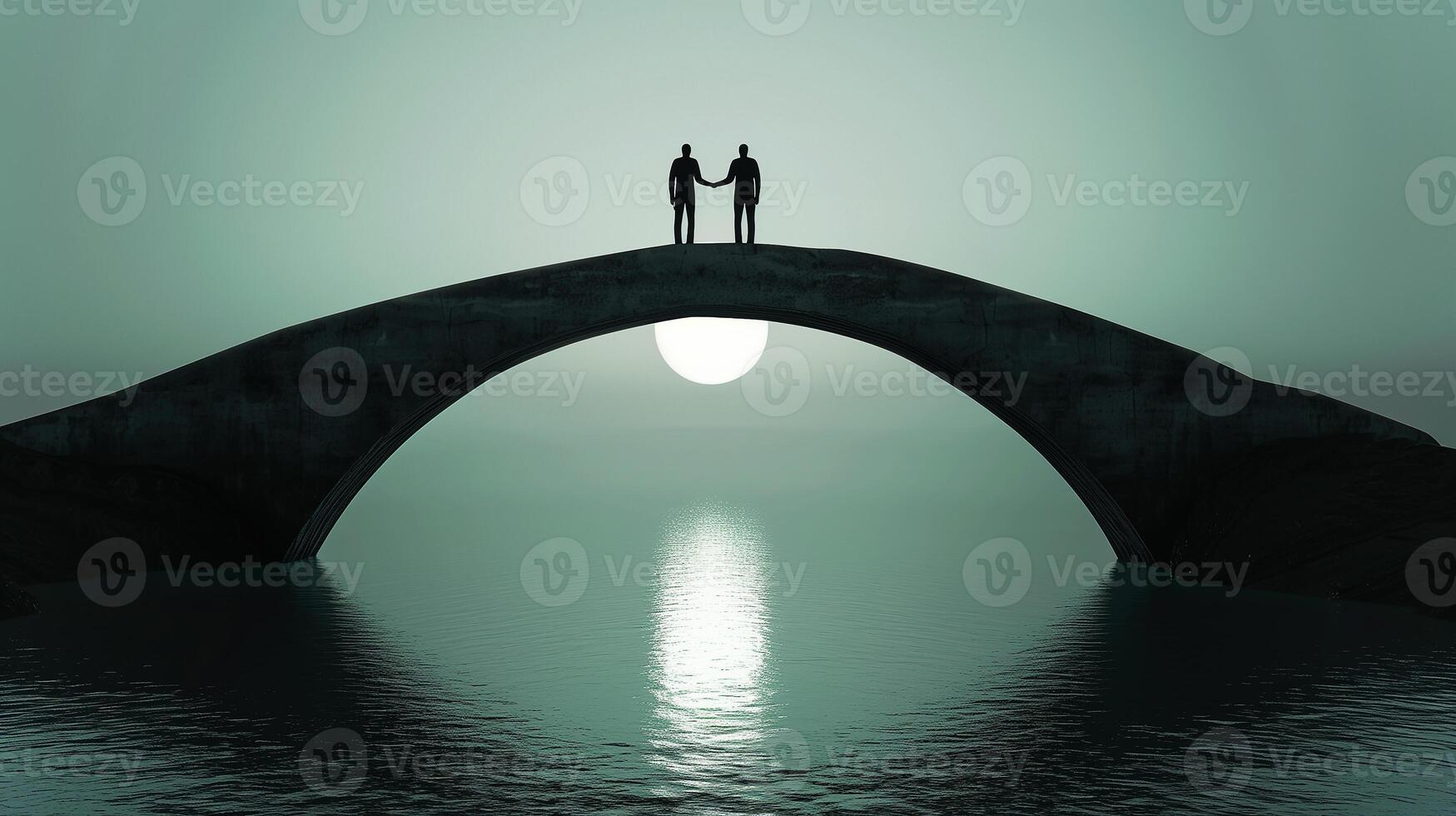 This Two individuals hold hands on a bridge, overlooking calm waters as the sun sets, representing unity. photo