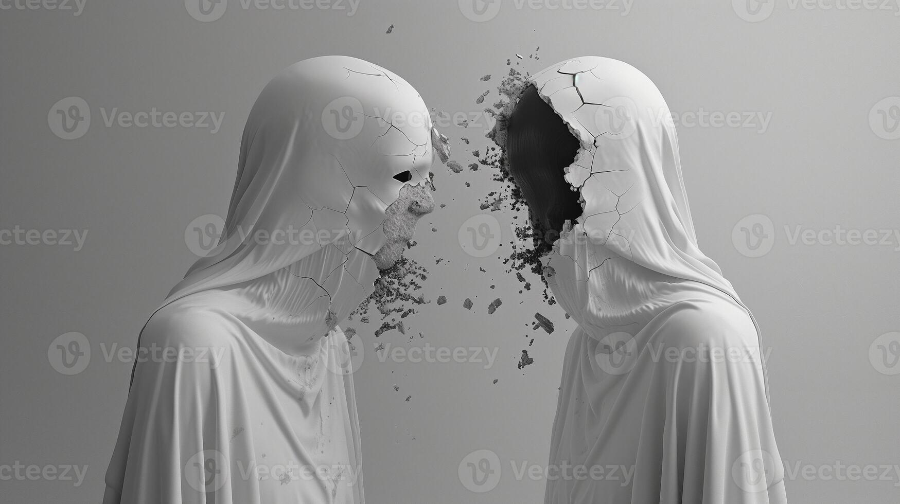 This Two hooded figures confront each other, symbolizing conflict yet hinting at reconciliation. photo