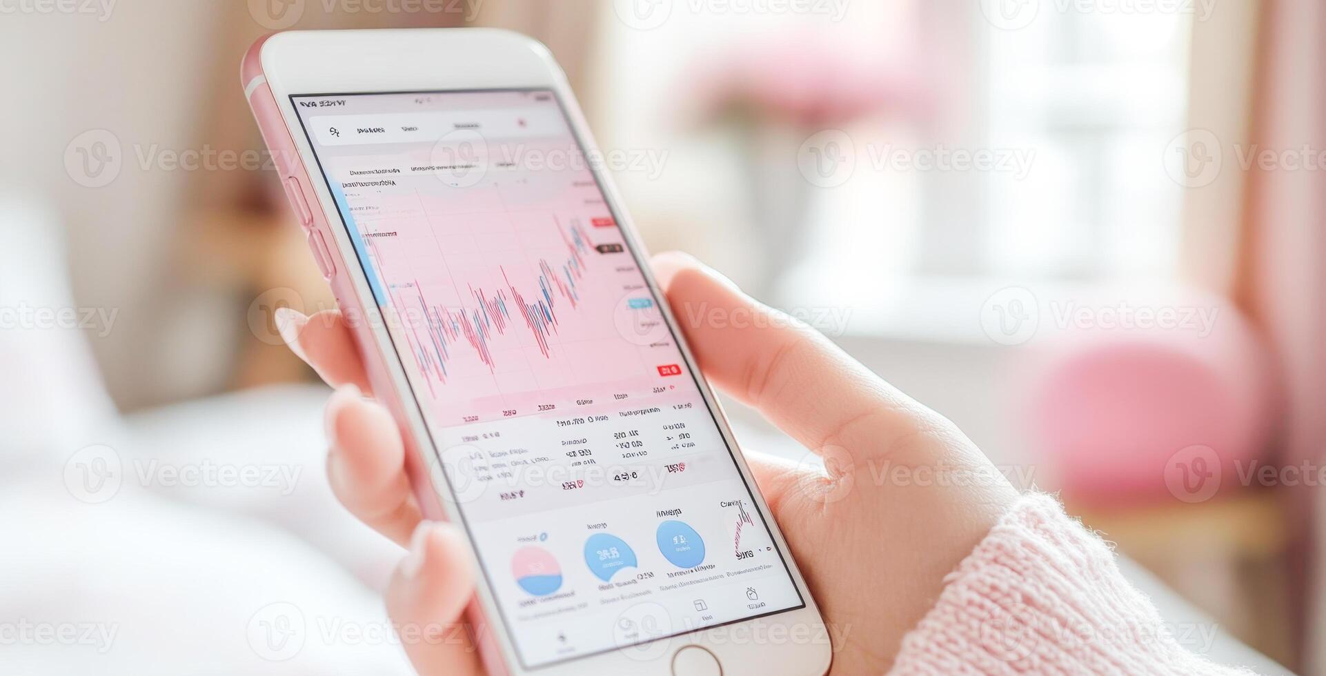 A person is using a smartphone to check their banking transaction details, observing a detailed financial statement and graphical data in a cozy indoor setting with soft lighting. photo