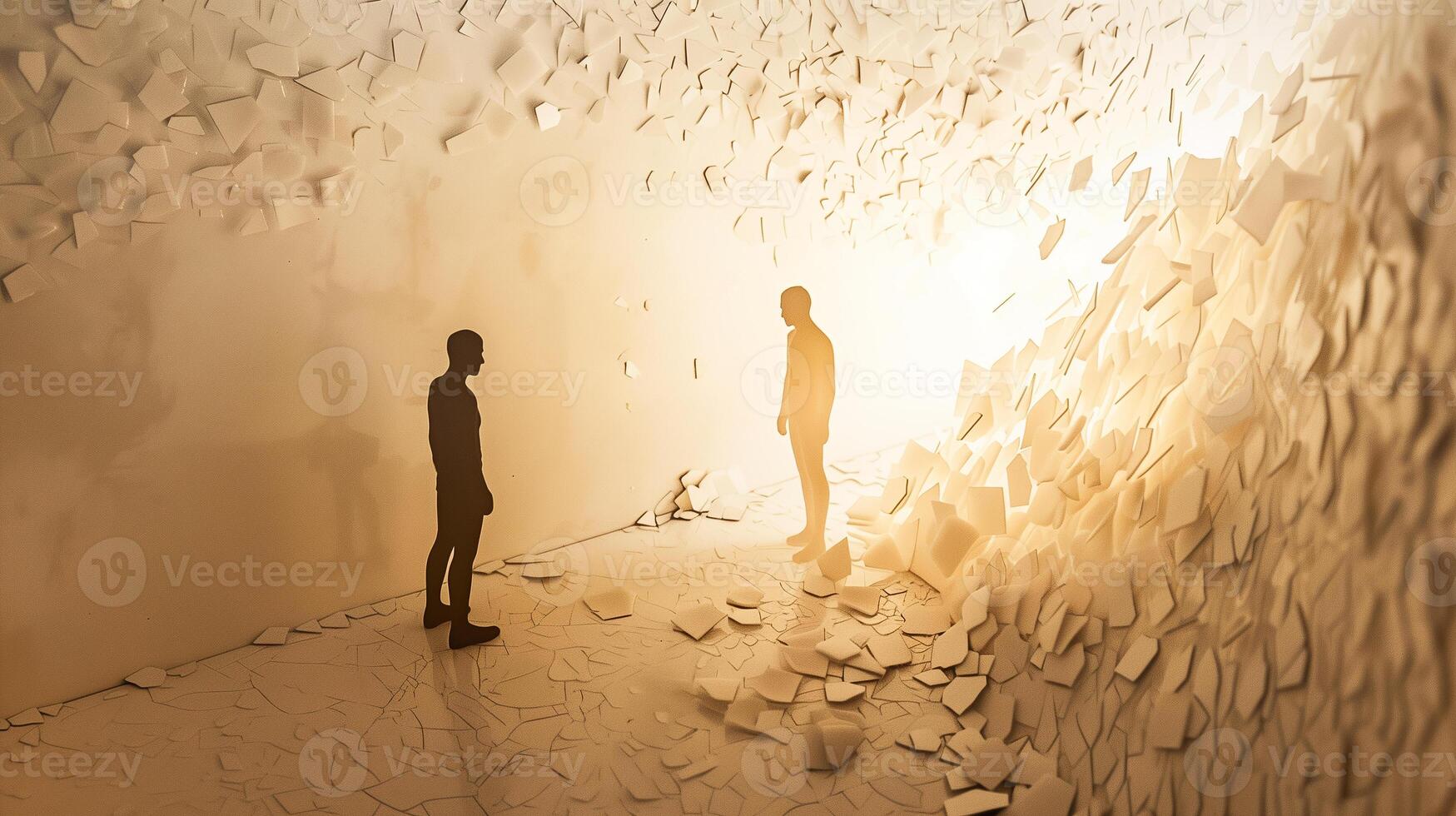 This Two figures stand in a chaotic room filled with scattered papers, embodying conflict and tension. photo