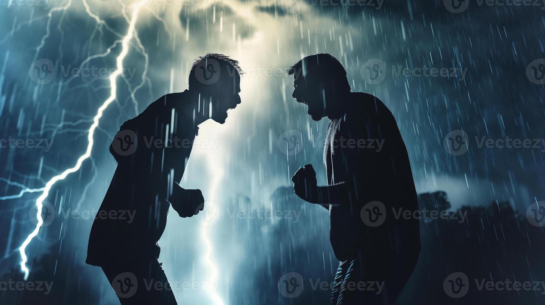 This Two silhouetted figures argue in a storm, surrounded by rain and striking lightning. photo