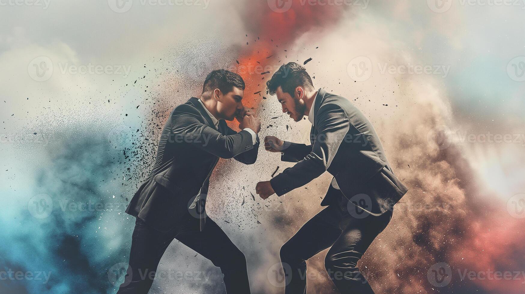 This Two suited men are engaged in a tense physical standoff amid a cloud of dust and color. photo
