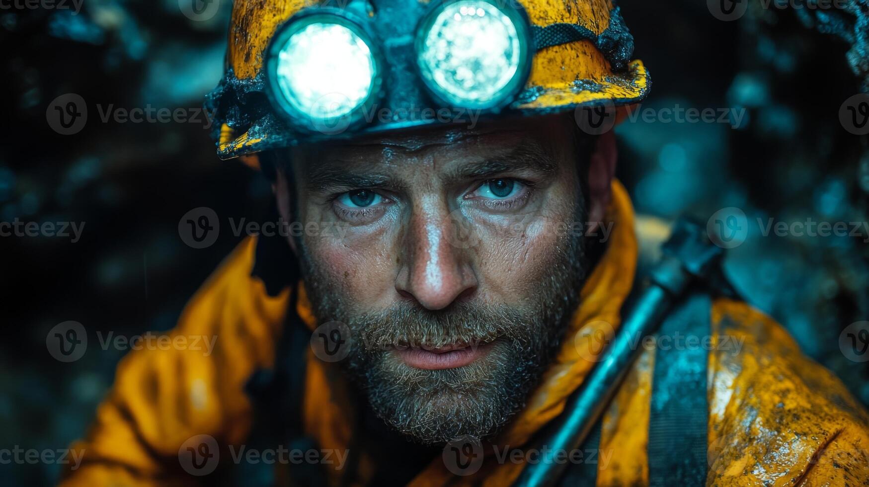 A miner laboring in challenging conditions under damp, low light circumstances, wearing protective gear and focused on extracting minerals from deep within the earth. photo