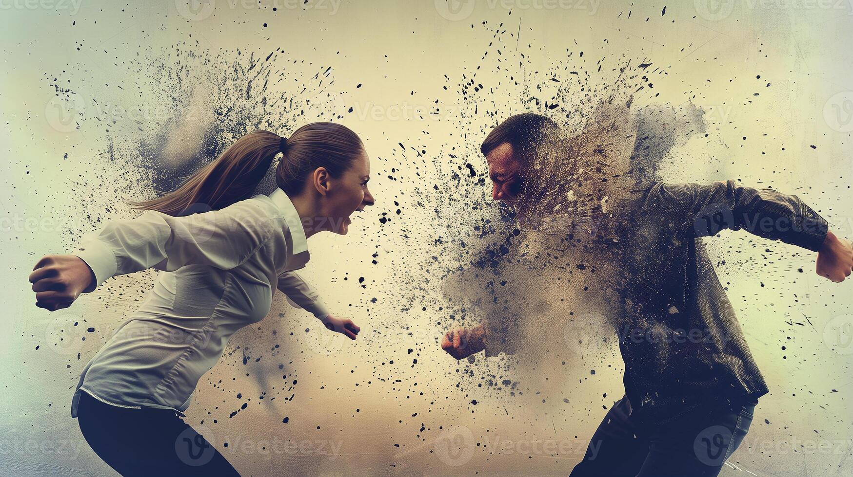 This Two people face off with intense expressions, showcasing their conflict and misunderstanding. photo