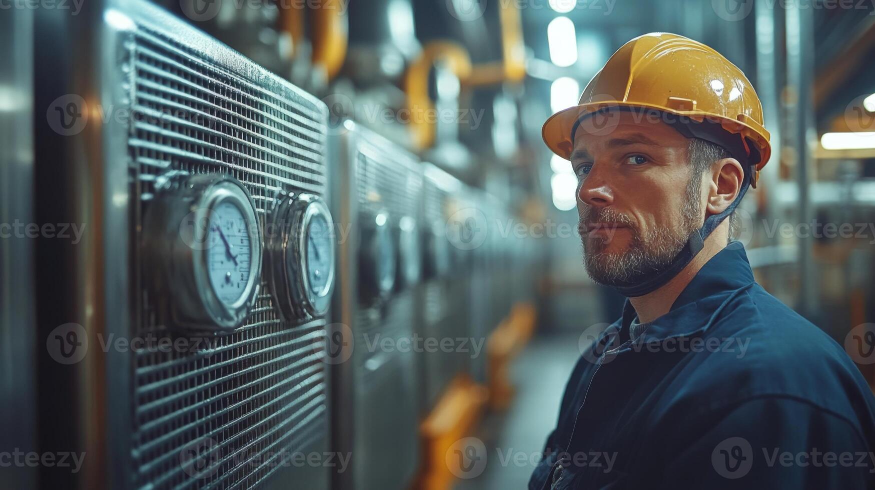 A mining engineer in a hard hat observes equipment in an industrial facility specializing in mineral extraction and processing during daylight hours, ensuring operational efficiency. photo