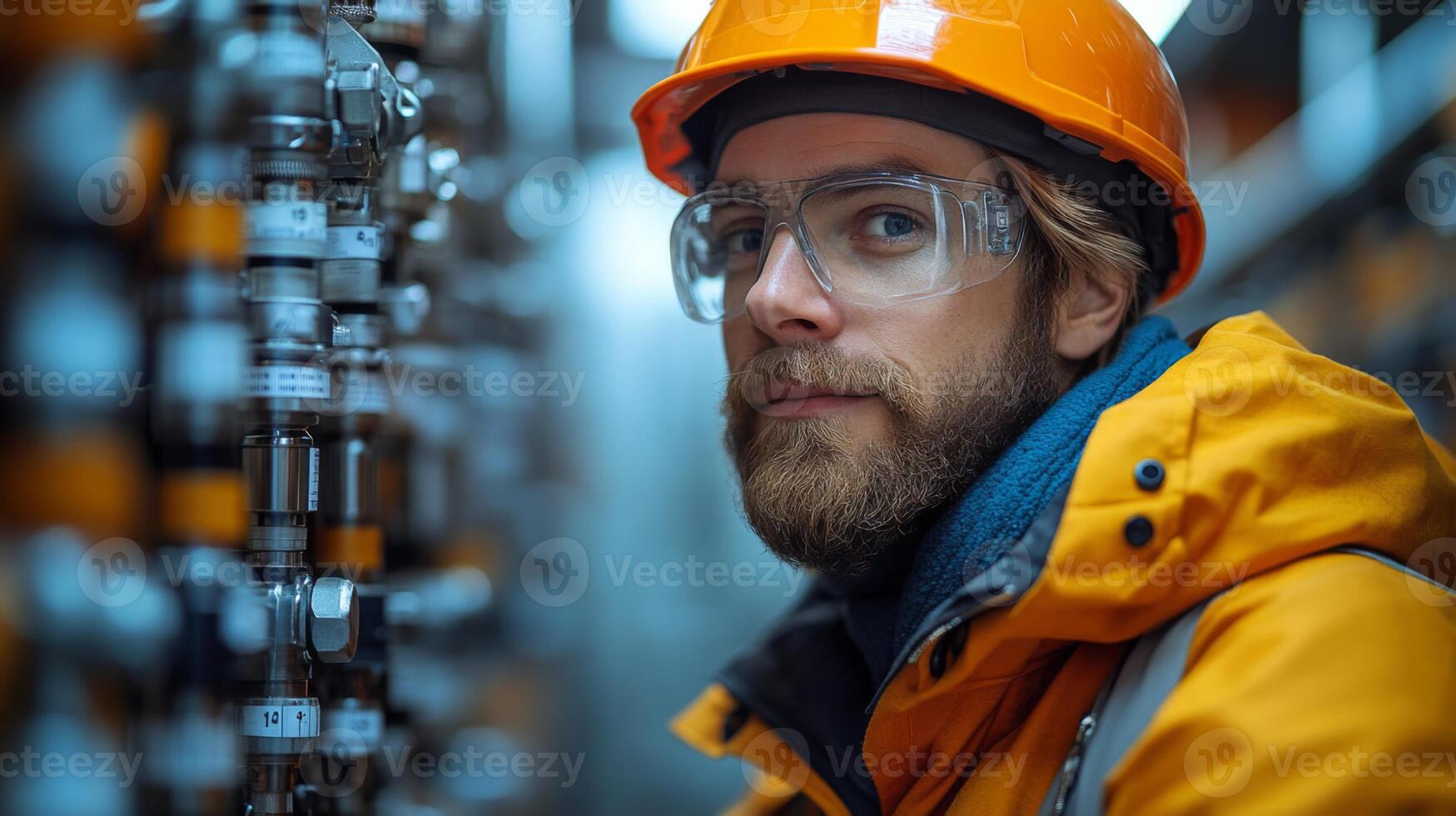 A mining professional wears safety gear, including an orange helmet and glasses, while supervising drilling operations in a mineral processing facility, ensuring efficiency and safety. photo