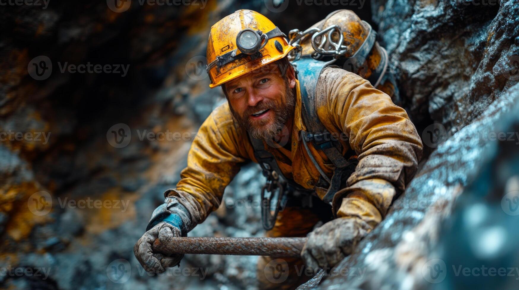 A miner works diligently in a quarry, utilizing a pickaxe to extract valuable minerals from rocky terrain. Safety gear is worn as sunlight illuminates the site. photo