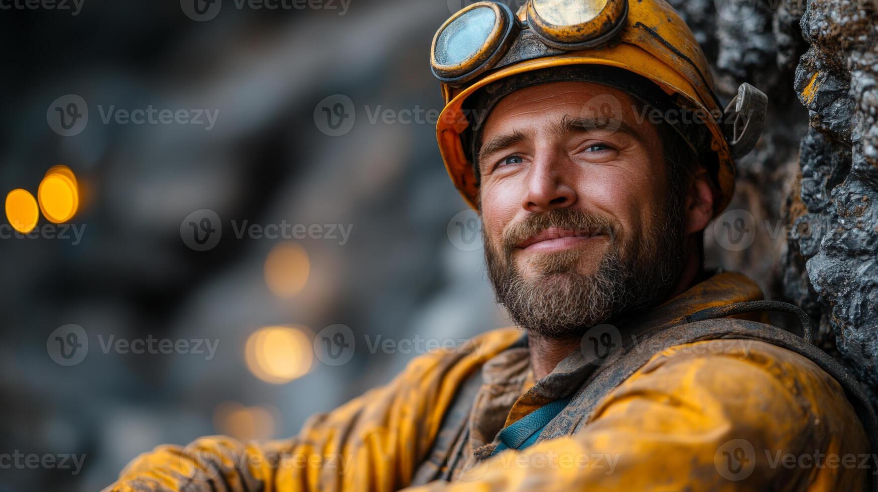 A miner takes a break while working in a quarry, displaying a cheerful expression in rugged attire, highlighting the hard work involved in mineral extraction and excavation activities photo