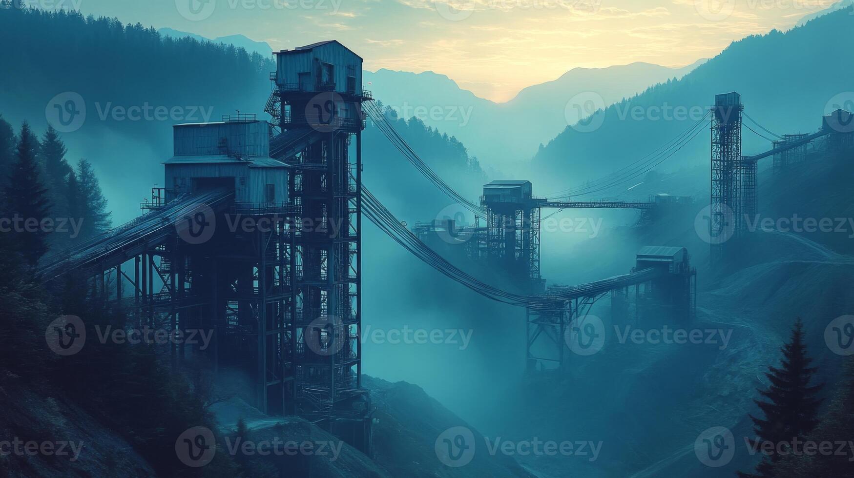 Industrial structures are visible in a mining and extraction site surrounded by mountains at dawn, with mist creating an atmospheric view of the operation. photo