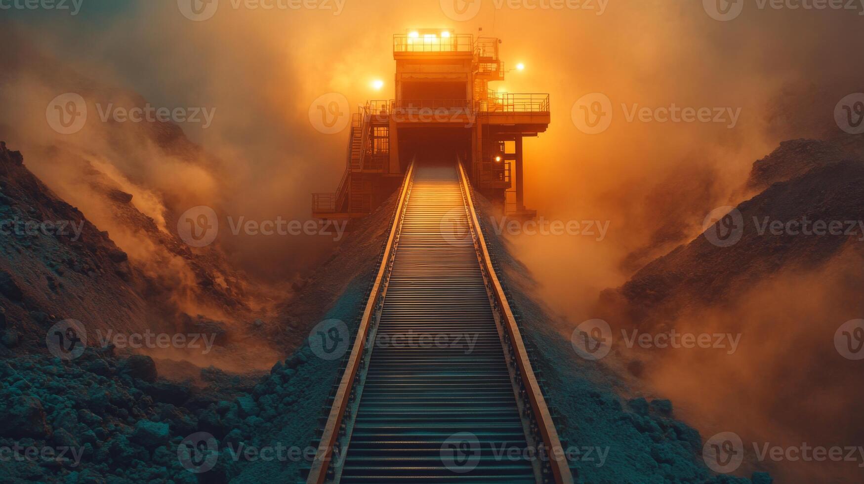 A mining facility emerges from thick dust clouds at sunrise, showcasing machinery and infrastructure essential for mineral extraction and processing activities. photo
