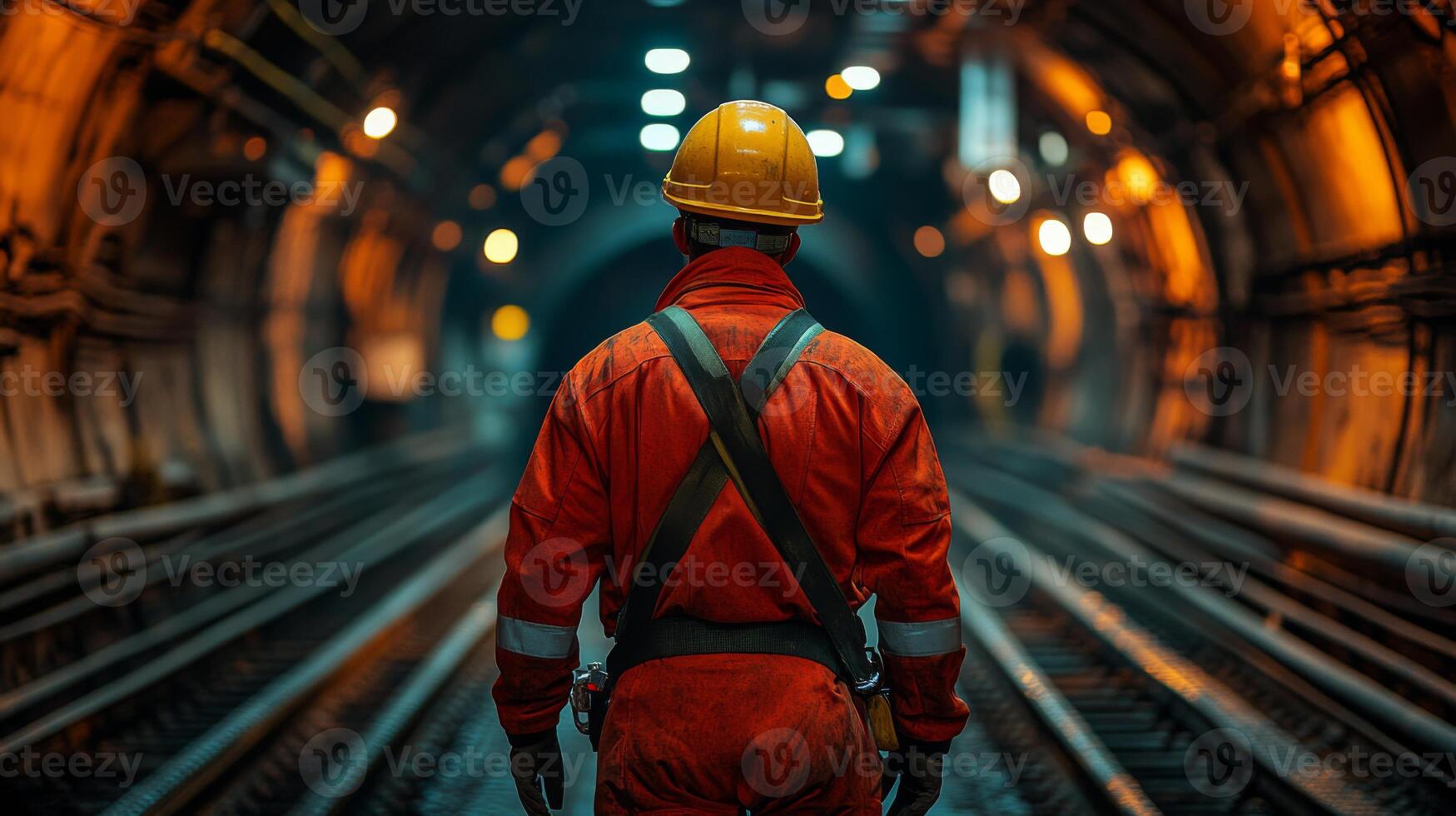 A miner wearing protective clothing and a helmet walks alone down a dimly lit tunnel that leads to a mining operation. There are tracks on the ground indicating transportation routes for materials. photo