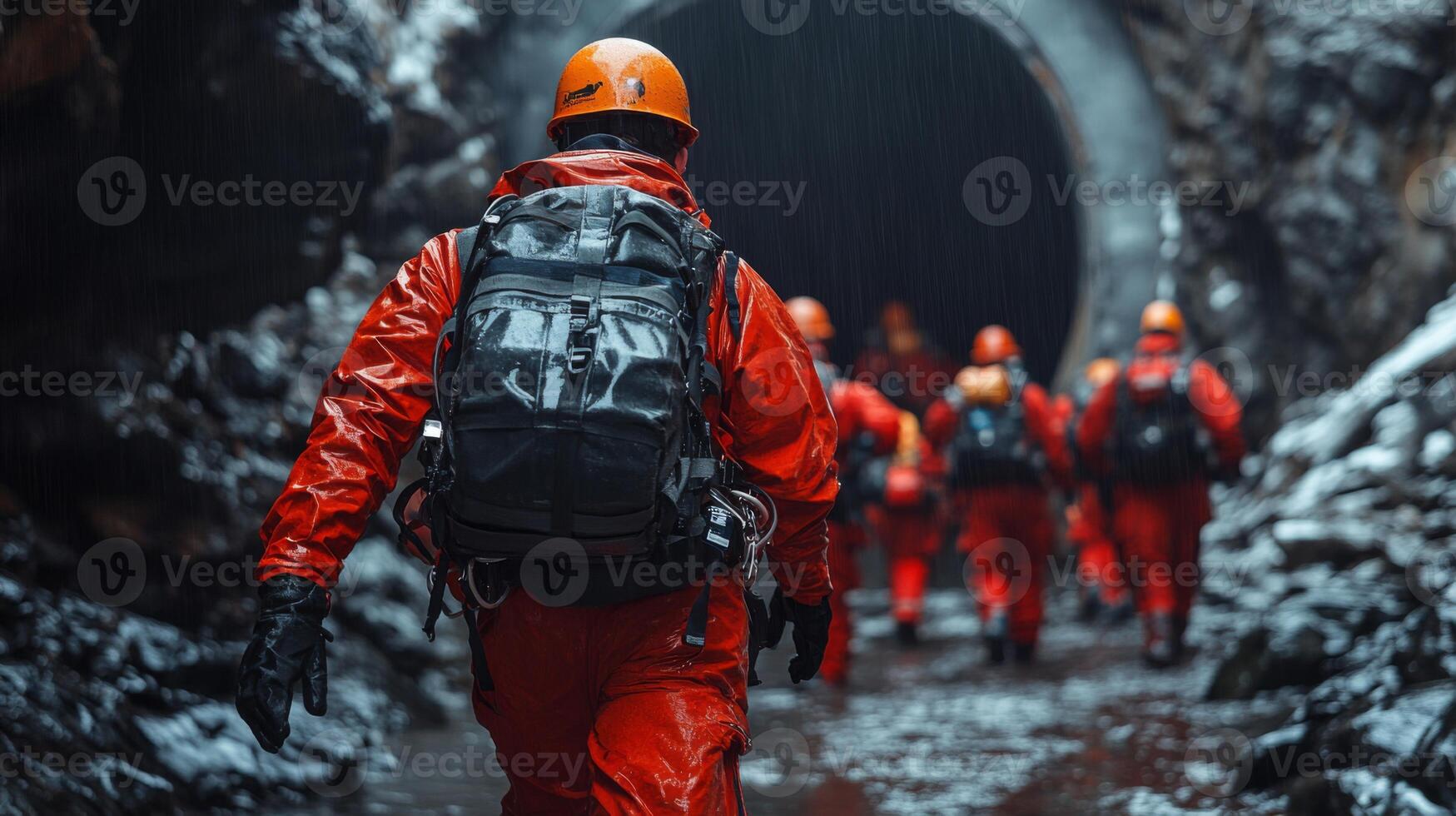 Workers in bright orange helmets and protective suits approach a large tunnel entrance, ready for excavation and mining activities in a moist, rocky setting. photo