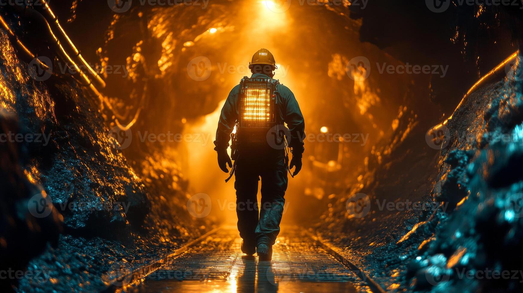 A miner in a safety suit walks through a dimly lit underground tunnel. The atmosphere is heavy with dust and the glow of machinery, showcasing mineral extraction efforts at night. photo
