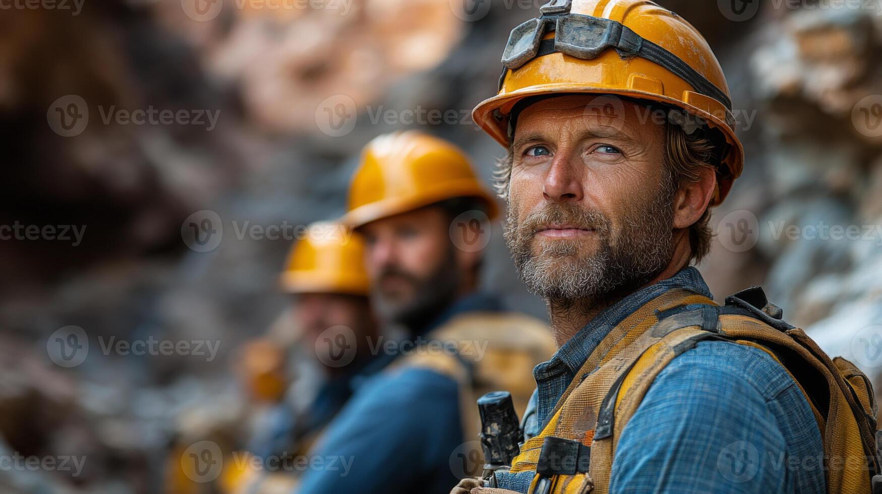Mining crew members focus on mineral extraction within a rocky environment, equipped with safety helmets and gear. Their teamwork emphasizes efficiency in operations. photo