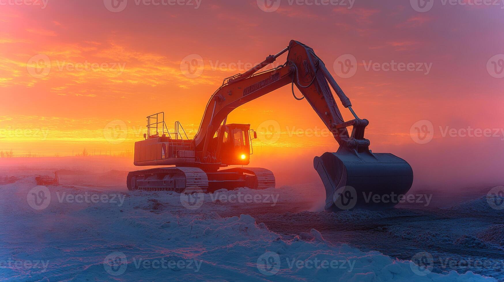 Excavator operates at a mineral extraction site, digging near water during sunset. The vibrant orange and purple sky reflects on the surroundings, creating a striking contrast. photo
