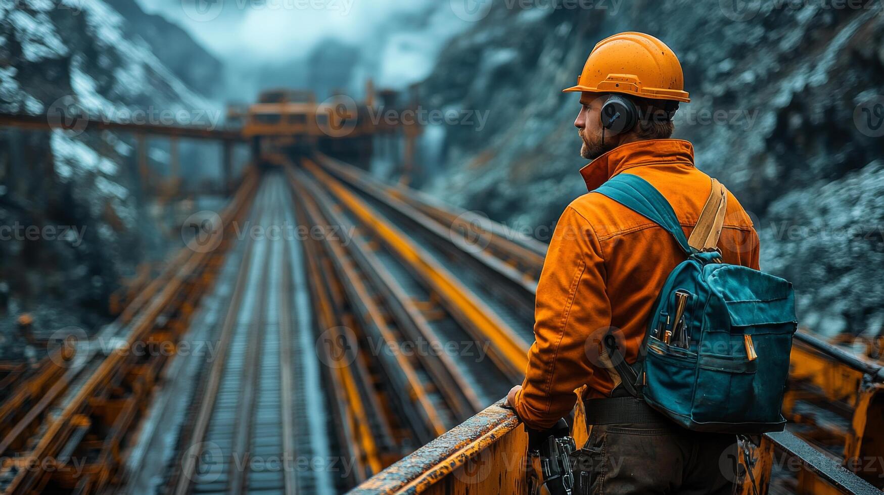 A mining professional stands on a platform overlooking a sprawling excavation site, surrounded by rugged terrain and heavy machinery, as clouds loom above the quarry. photo