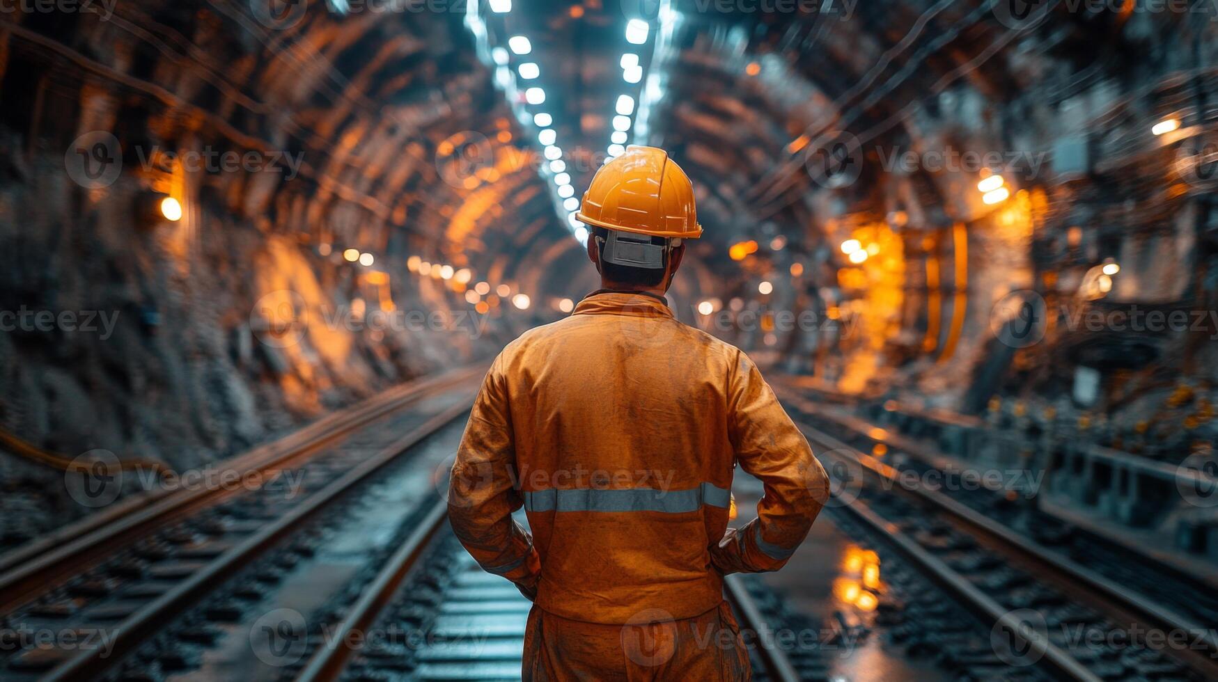 A worker in an orange uniform and hard hat observes the dark, lit tunnel in a mining operation. The atmosphere reflects a modern excavation site focused on mineral extraction and safety measures. photo