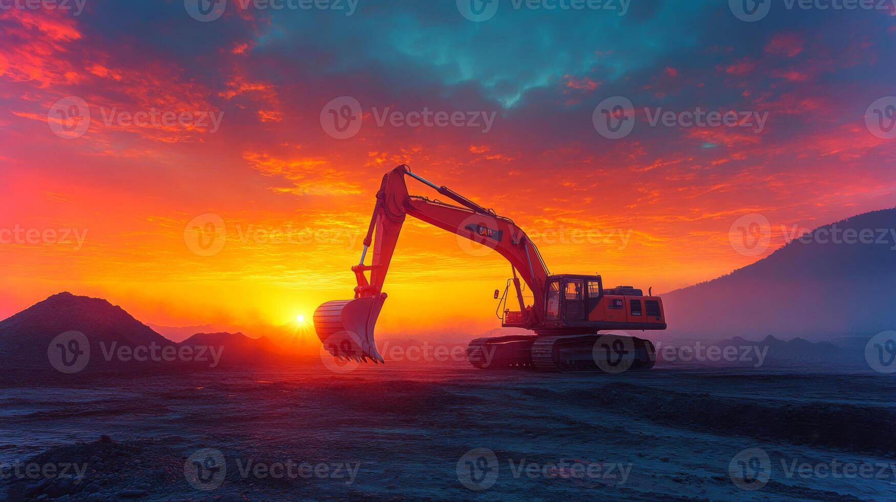 An excavator operates at a quarry site, engaging in mineral extraction as the sun sets, casting vibrant colors across the sky and terrain, with mountains in the background. photo