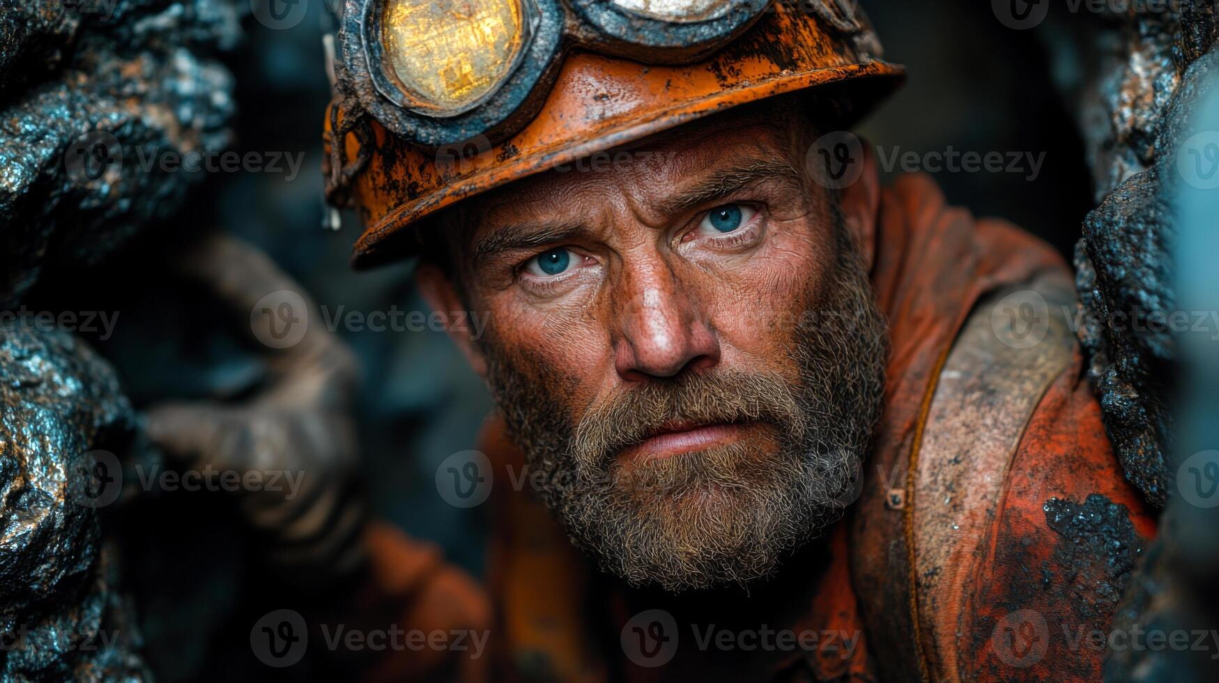 A miner with a rugged appearance is working in a narrow underground tunnel, focused on extracting minerals. He is equipped with a helmet and protective gear, surrounded by rocks. photo