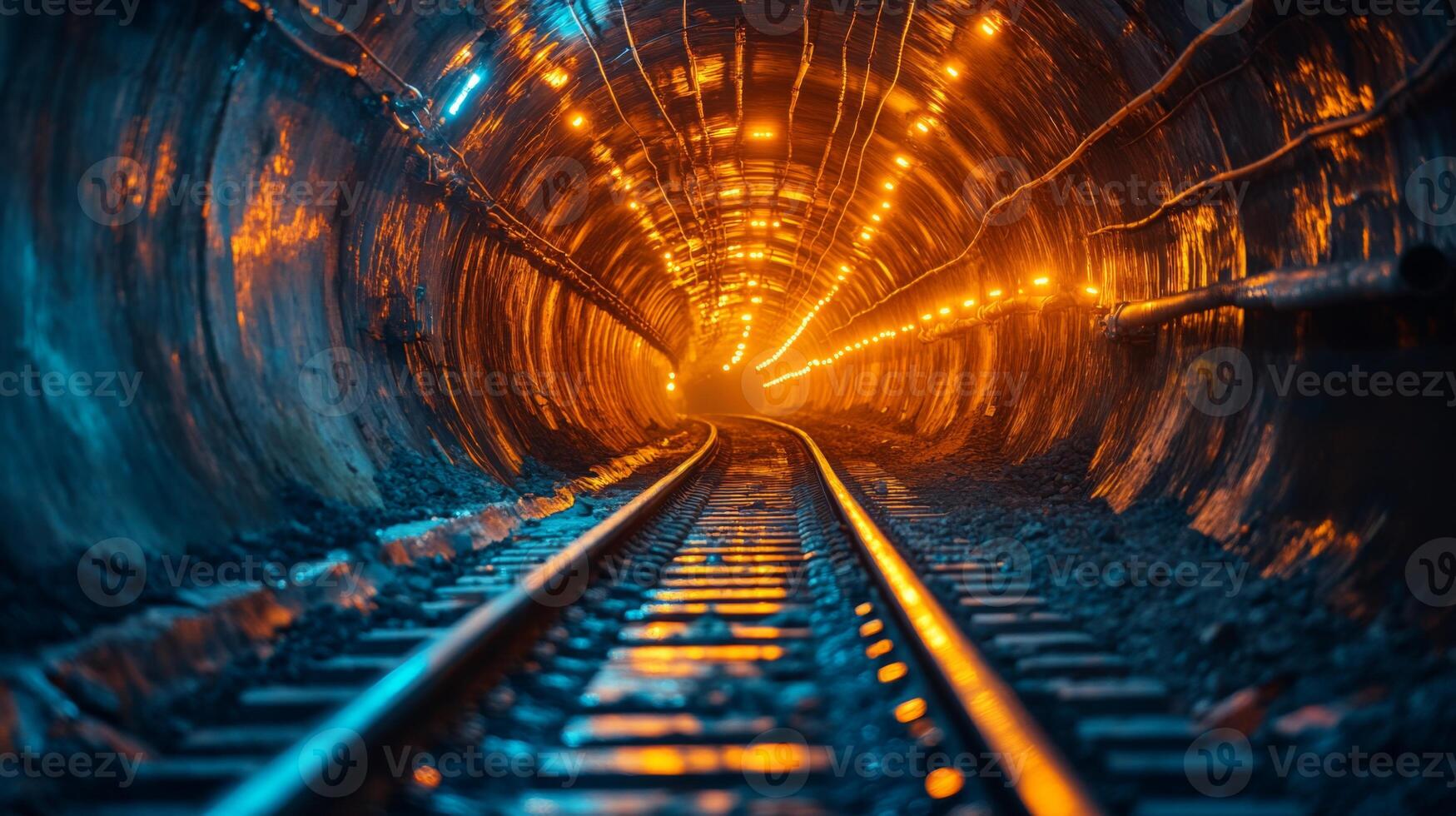 A well lit underground tunnel used for mining activities shows tracks leading into the distance. The warm glow of lights highlights the walls and emphasizes the depth of the excavation site. photo