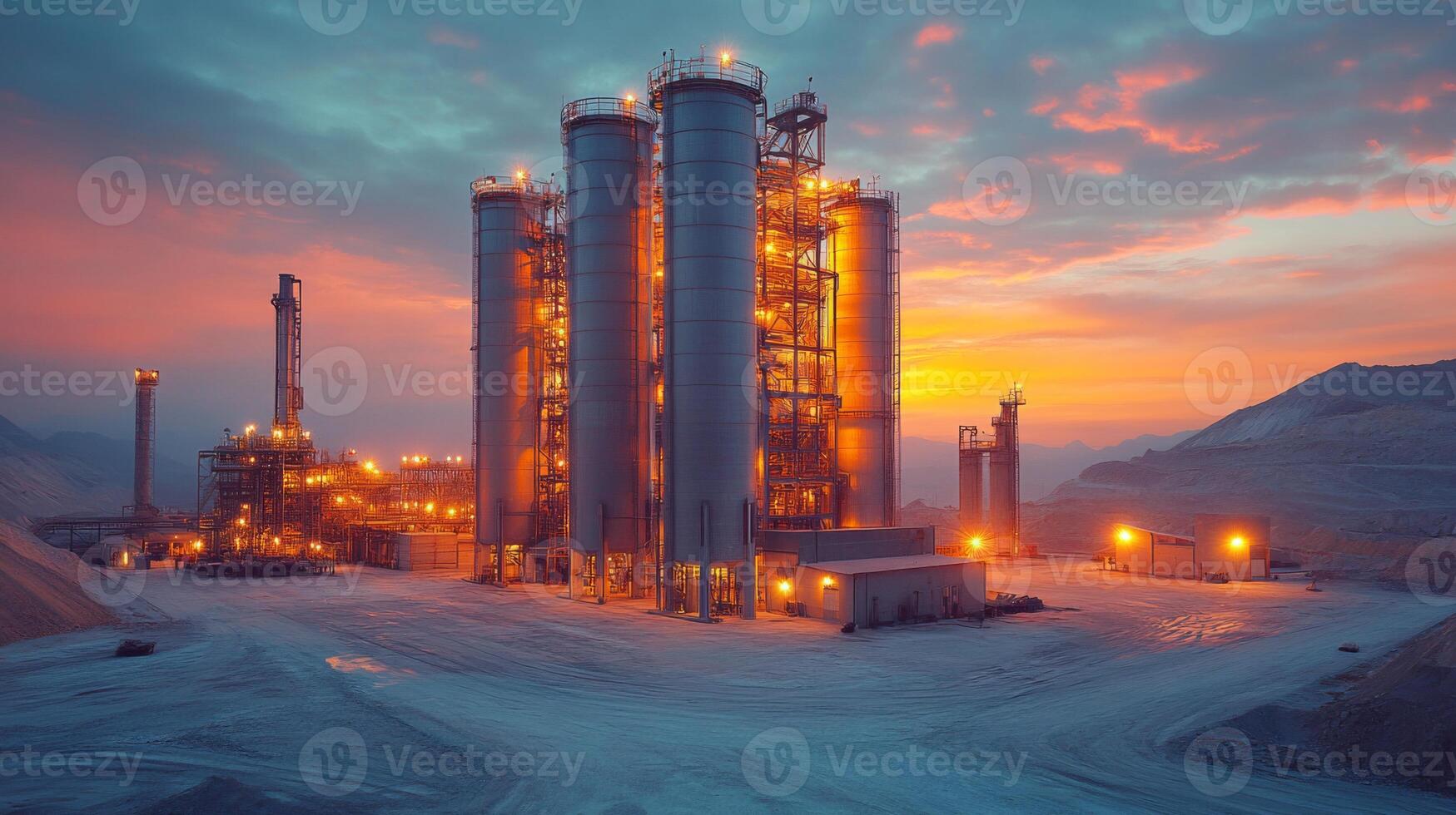 A large processing facility is lit up at sunset, featuring several tall silos and industrial structures in a bustling mining location. Equipment is actively engaged in mineral extraction. photo