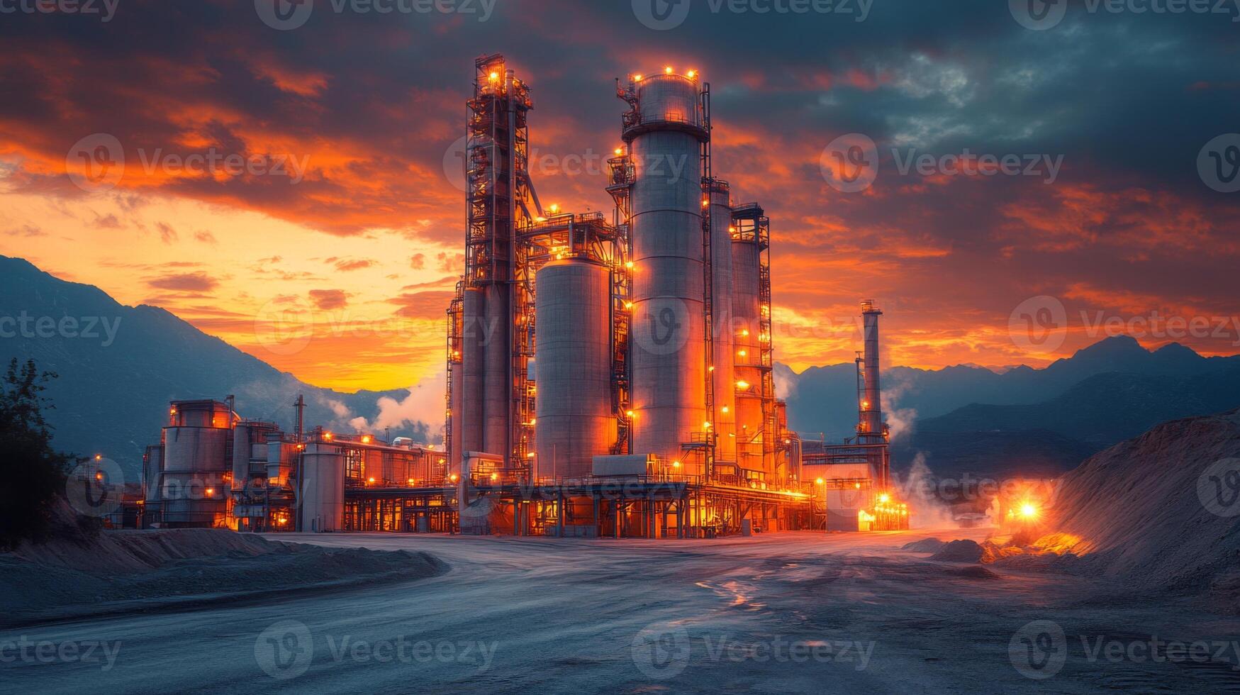 Large industrial structure operates in a mountainous area at sunset, featuring illuminated towers and equipment for mineral extraction and processing activities, surrounded by a dramatic sky. photo