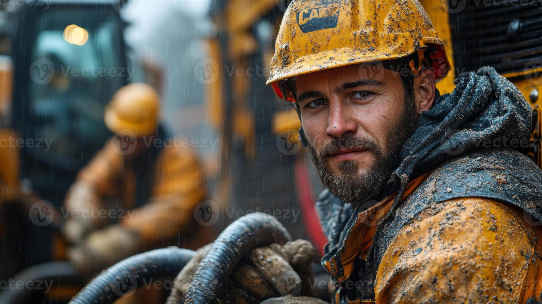 Workers focus on quarry operations, utilizing heavy machinery for mineral extraction and drilling while navigating wet conditions. Safety gear is worn to ensure protection. photo