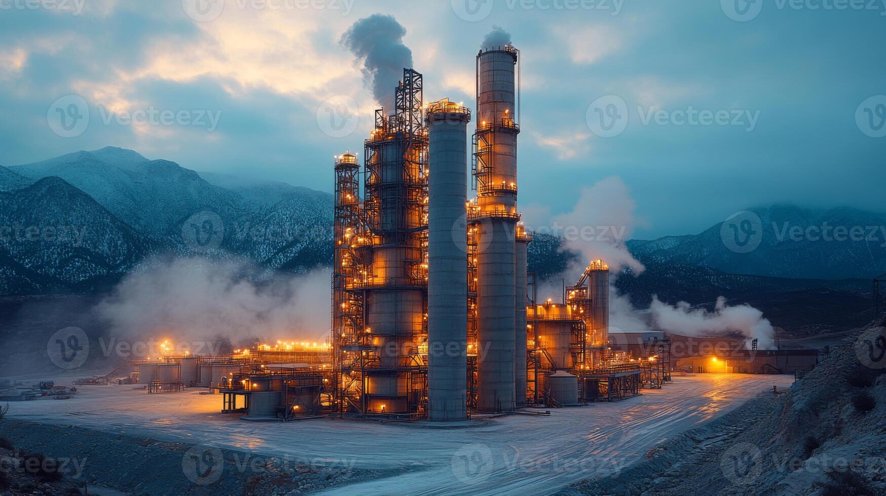 Smoke emits from tall structures of a mining facility at dusk, where excavation and metallurgy processes take place amidst a rugged mountainous landscape, highlighting industrial operations. photo