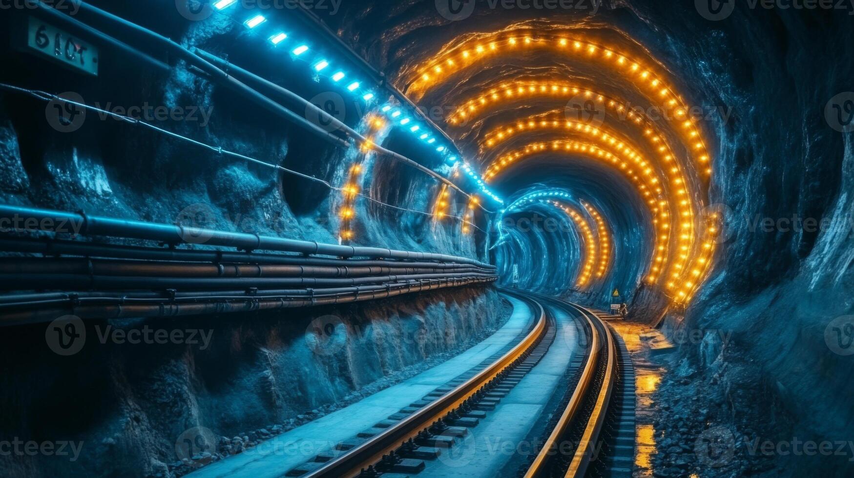 Illuminated tunnel with bright lights along the walls curves through the rock, featuring railway tracks at the base for efficient mineral transportation in an underground mining site. photo