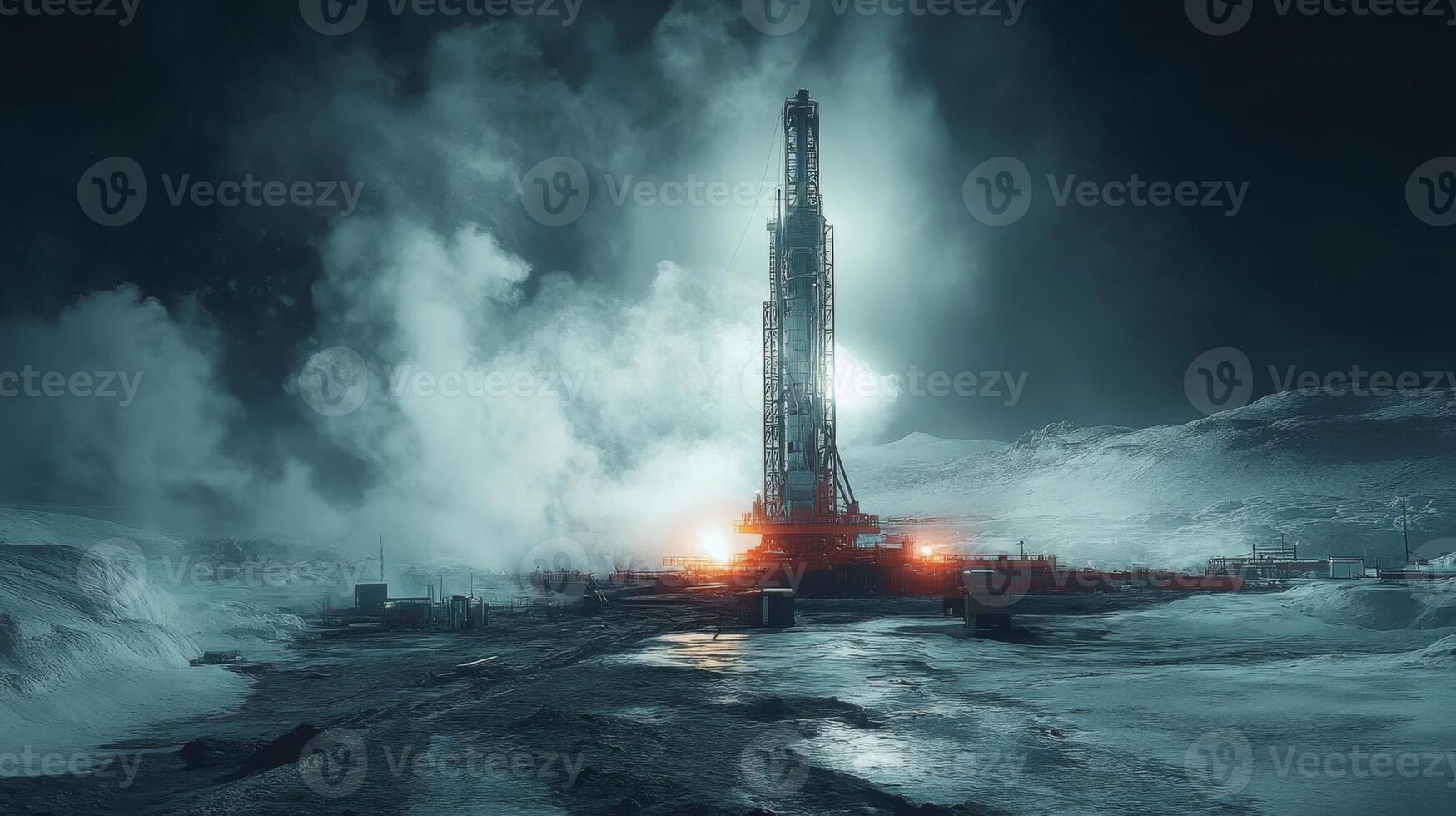 Drilling operations are underway at a mineral extraction site under nighttime conditions. Heavy machinery and advanced equipment are activated, emitting light through a foggy atmosphere. photo
