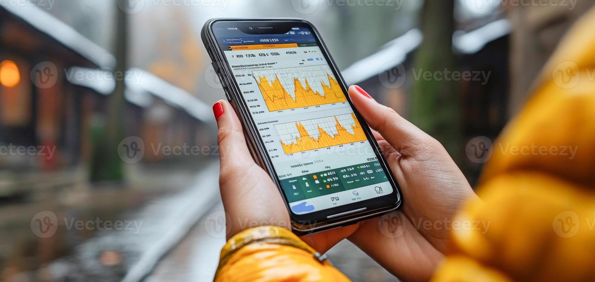A person checks their mobile banking application to verify a recent transaction. The smartphone displays financial statements with graphical representations of data. photo