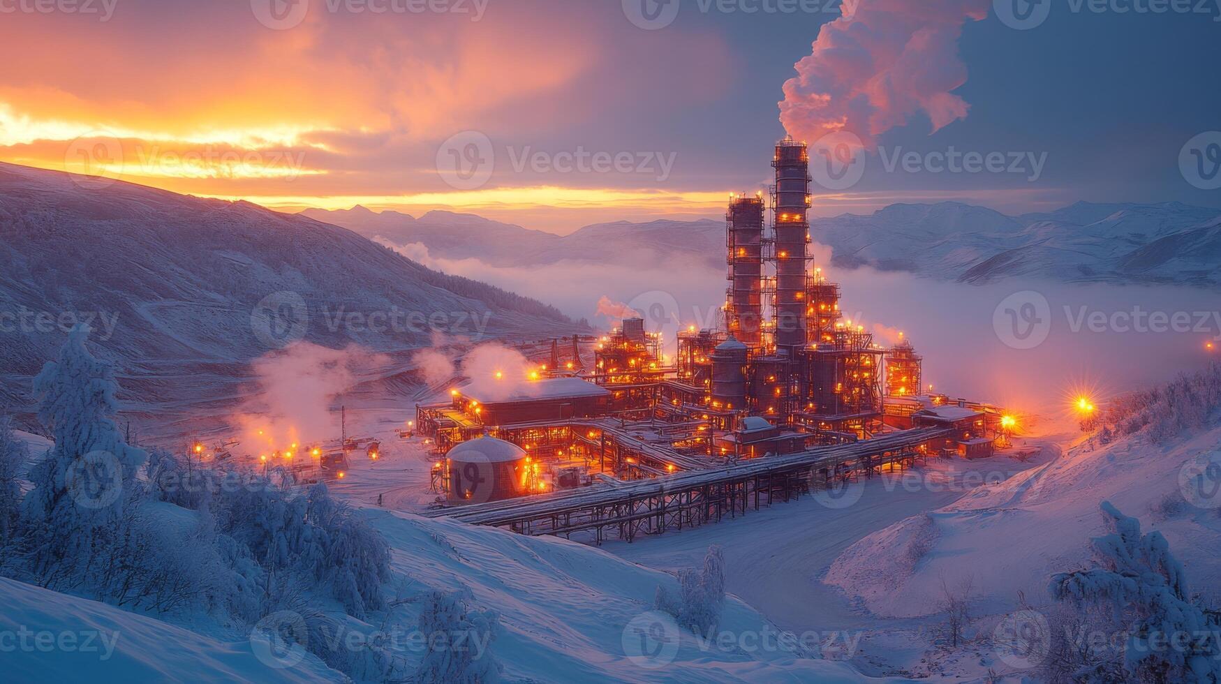 A mining operation is illuminated by warm lights against a twilight sky, surrounded by snow covered mountains and billowing smoke, showcasing the process of mineral extraction and metallurgy. photo