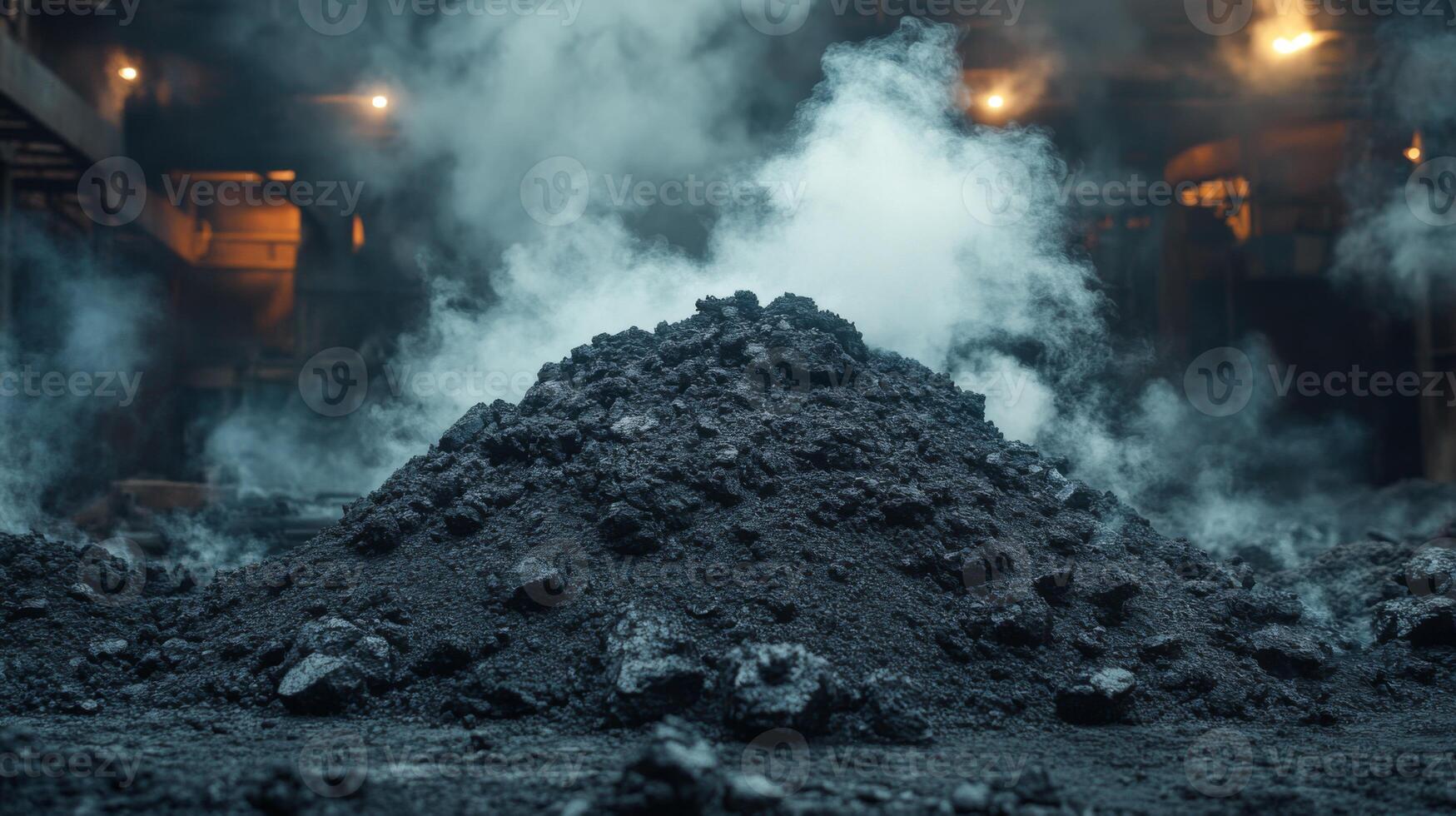 Coal sits in a mound at a mining site where extraction and metallurgy activities take place, with smoke rising into the atmosphere from processing operations occurring nearby. photo