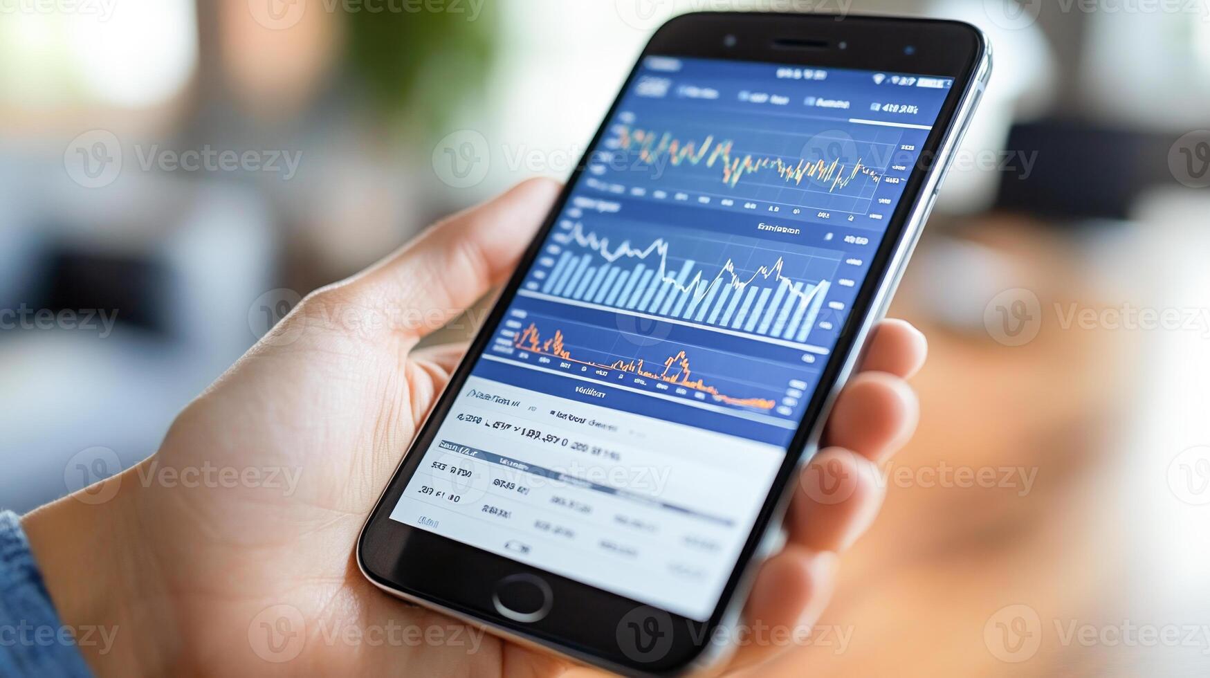 A user checks their mobile banking application for transaction details and account statements. Financial graphs and statistics are visible on the screen, showing recent activity and trends. photo