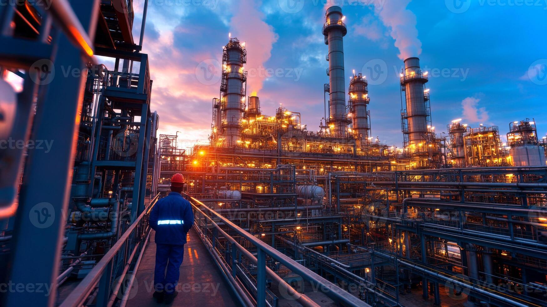 Workers conduct operations at dusk in a mineral processing facility, surrounded by tall structures emitting steam and glowing from internal lights, highlighting an active mining environment. photo