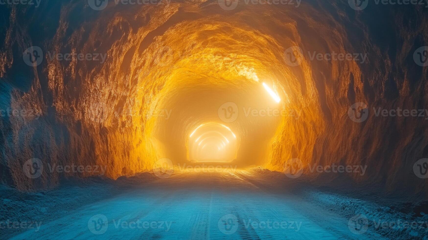 This newly excavated mine tunnel displays the intricate geology of mineral layers and features advanced lighting to ensure safe passage for workers. The atmosphere highlights extraction activity. photo