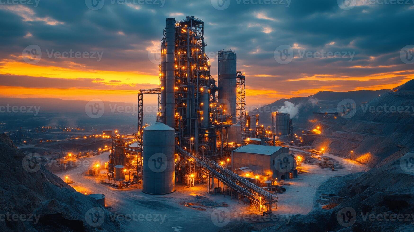 An expansive mining site is illuminated by industrial lights, showcasing machinery involved in mineral extraction and processing as dusk sets in with a vibrant sky. photo