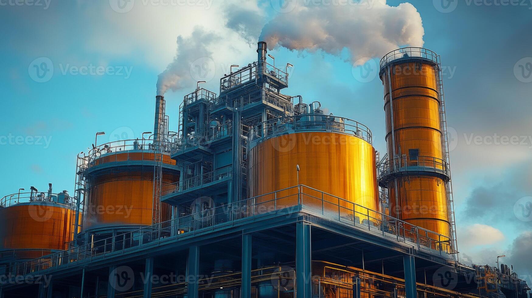 Large metallic structures dominate the landscape, featuring multiple tanks and towers emitting steam. The setting highlights a busy mining operation focused on mineral extraction and processing. photo